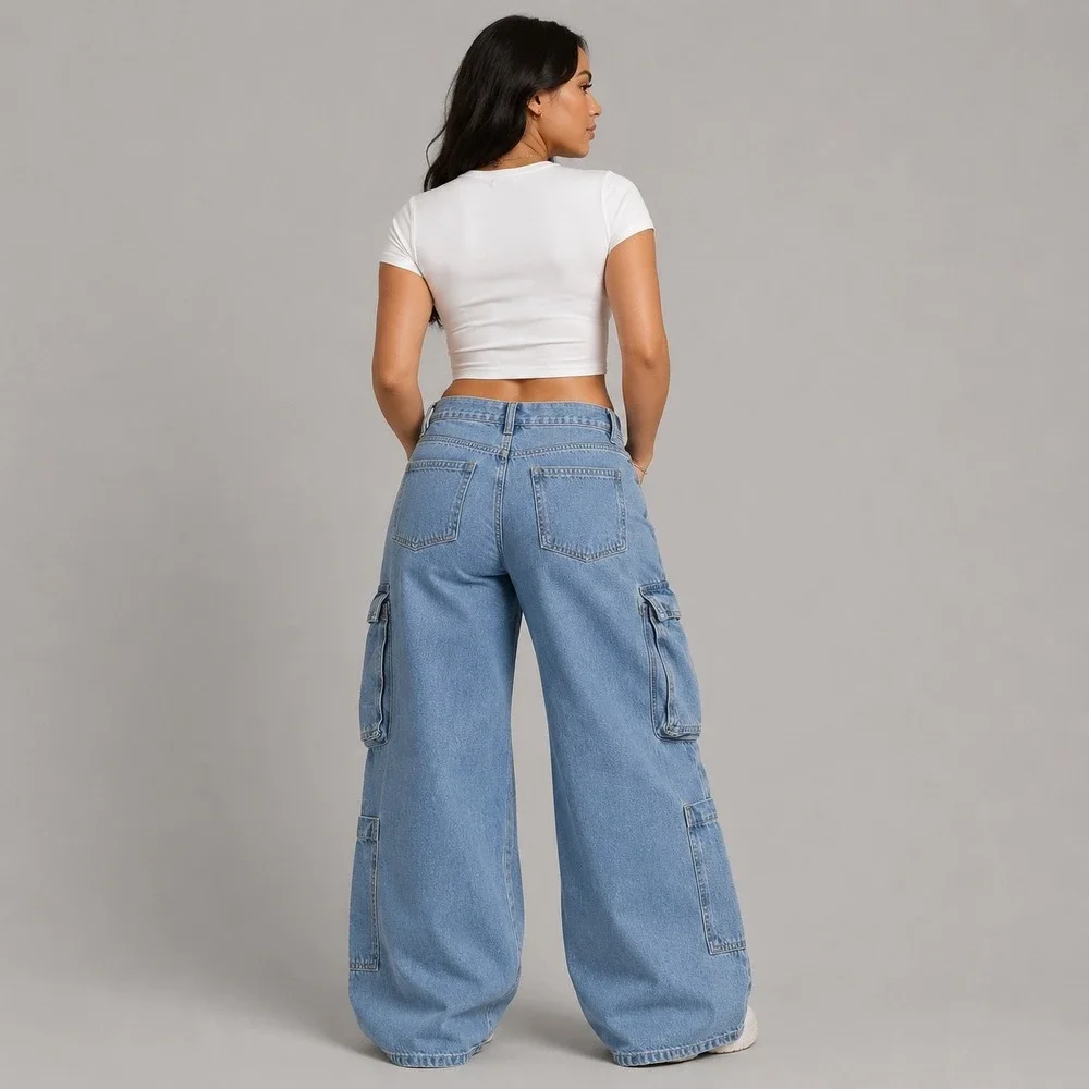 Old Navy Jeans Womens 10 Blue Baggy Wide Leg Cargo Drapey Denim High Rise 33x29